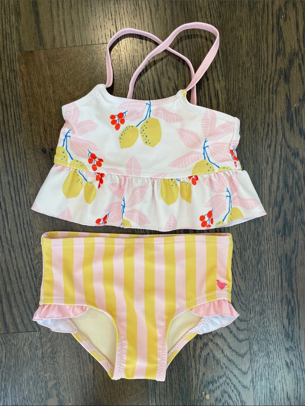 Kids Pink & Yellow Lemon-Print Two-Piece Swim Set
